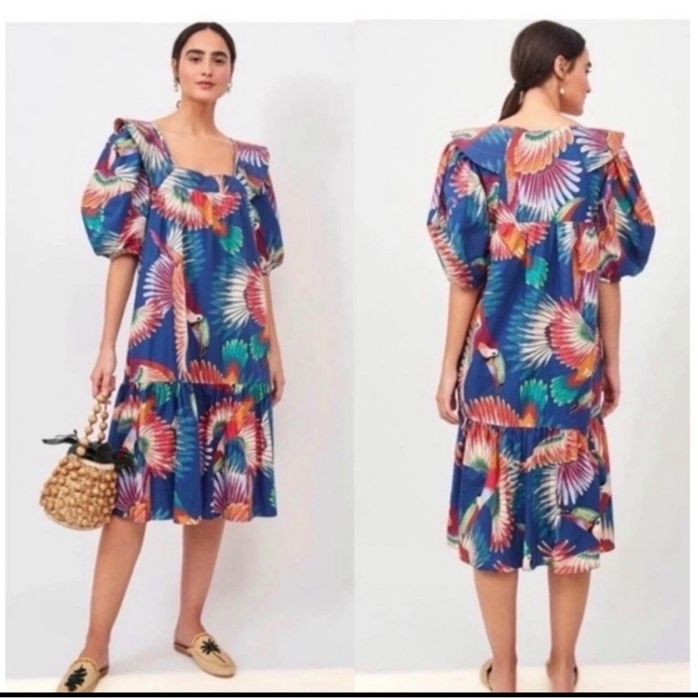 Farm Rio x Anthropologie Toucan Puff Sleeve Midi Dress Size XS